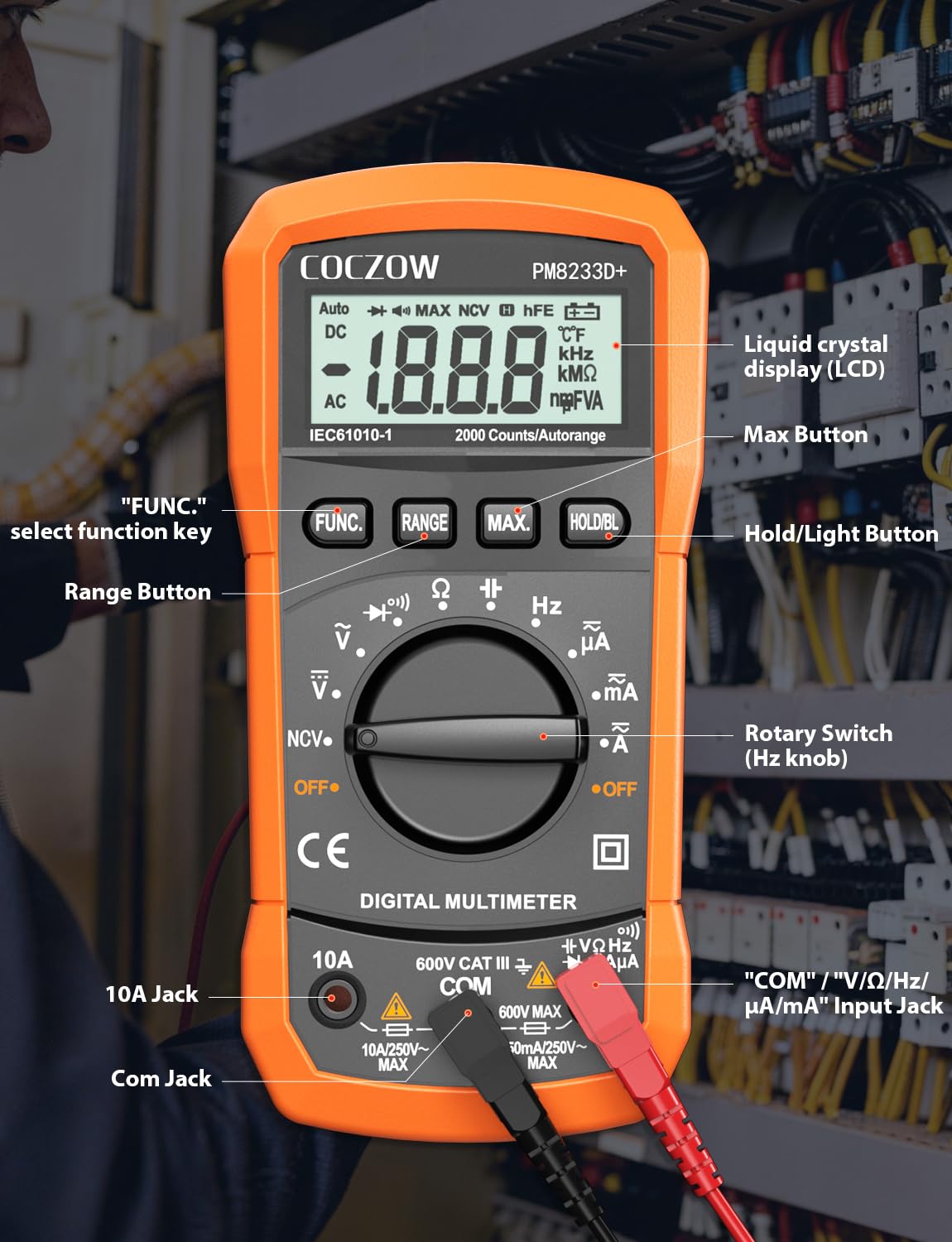 Multimetro Digitale Multi Tester Voltmetro Amperometro Ohmmetro Misura Tensione Corrente Resistenza Capacità Continuità Diodo NCV con Morsetti a Coccodrillo Cavi di prova Retroilluminazione