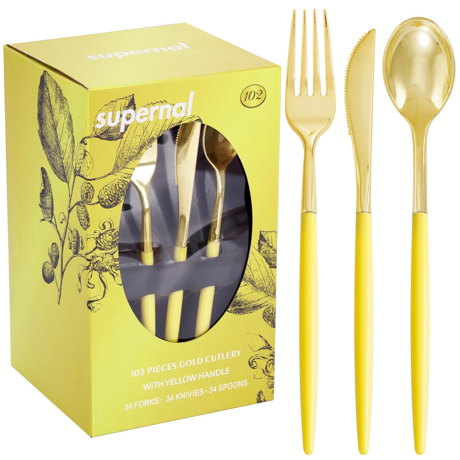 Supernal 102Pcs Gold Plastic Silverware, Gold Disposable Utensils with Yellow Handle, Yellow Plastic Silverware Heavy Duty Include 34 Forks, 34 Knives
