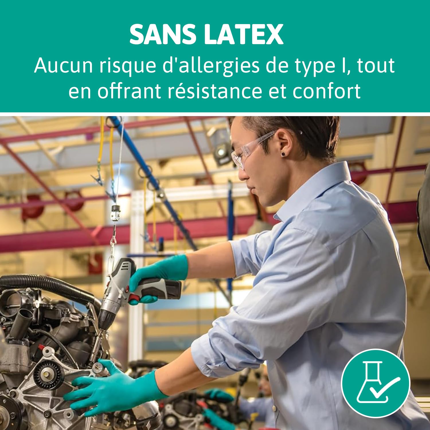 Ansell TouchNTuff 92-600, Gants jetables pour travaux lourds, Gants nitrile contact alimentaire, Gants de protection chimique et mécanique, Sans latex, Boîte de 100 gants en nitrile verts, Taille L