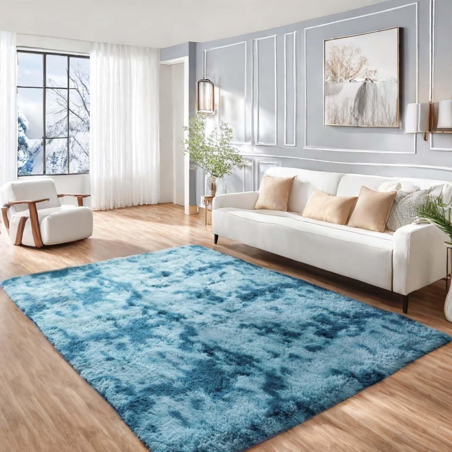 Lanyesky Large Living Room Rugs Long Pile Rug Room Bedroom Washable Long Pile Rug for Living Room or Bedroom, Fluffy Rug (120 x 200 cm, Blue)