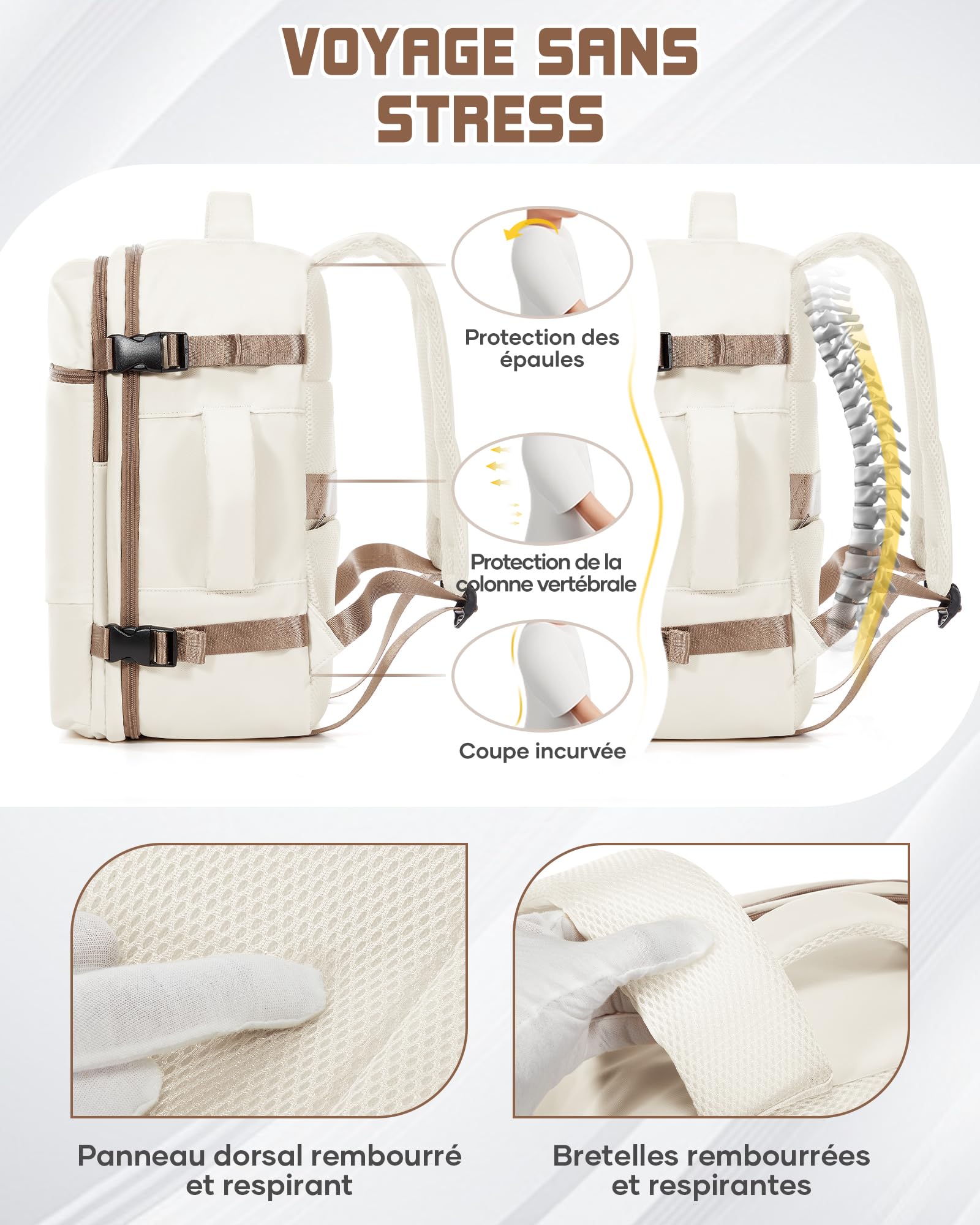 suradar Bagage Cabine 40x30x20 Sac Ryanair Sacs a Dos Voyage Cabine Avion 40x30x20 pour Wizzair Eurowings avec Sac Humide Sacs à Dos Ordinateur Portable 14 Pouces Homme Femme Beige et marron