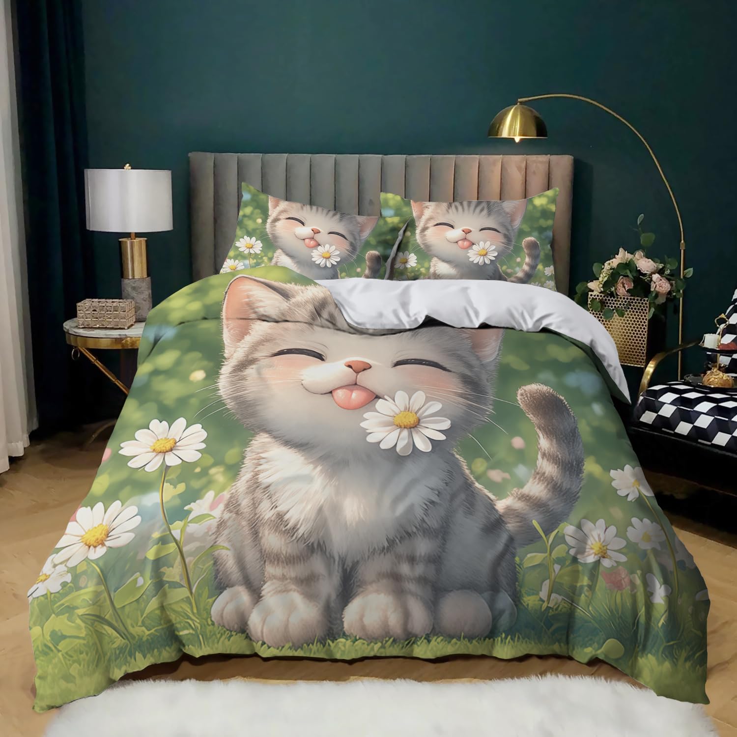 Funda Nordica Cama 240 x 220 con Diseño de Gato Kawaii para Habitación de Niños y Niñas Bonito Juego de Cama con Estampado de Gato de Dibujos Animados para Niños y Adolescentes Funda de Edredón Co