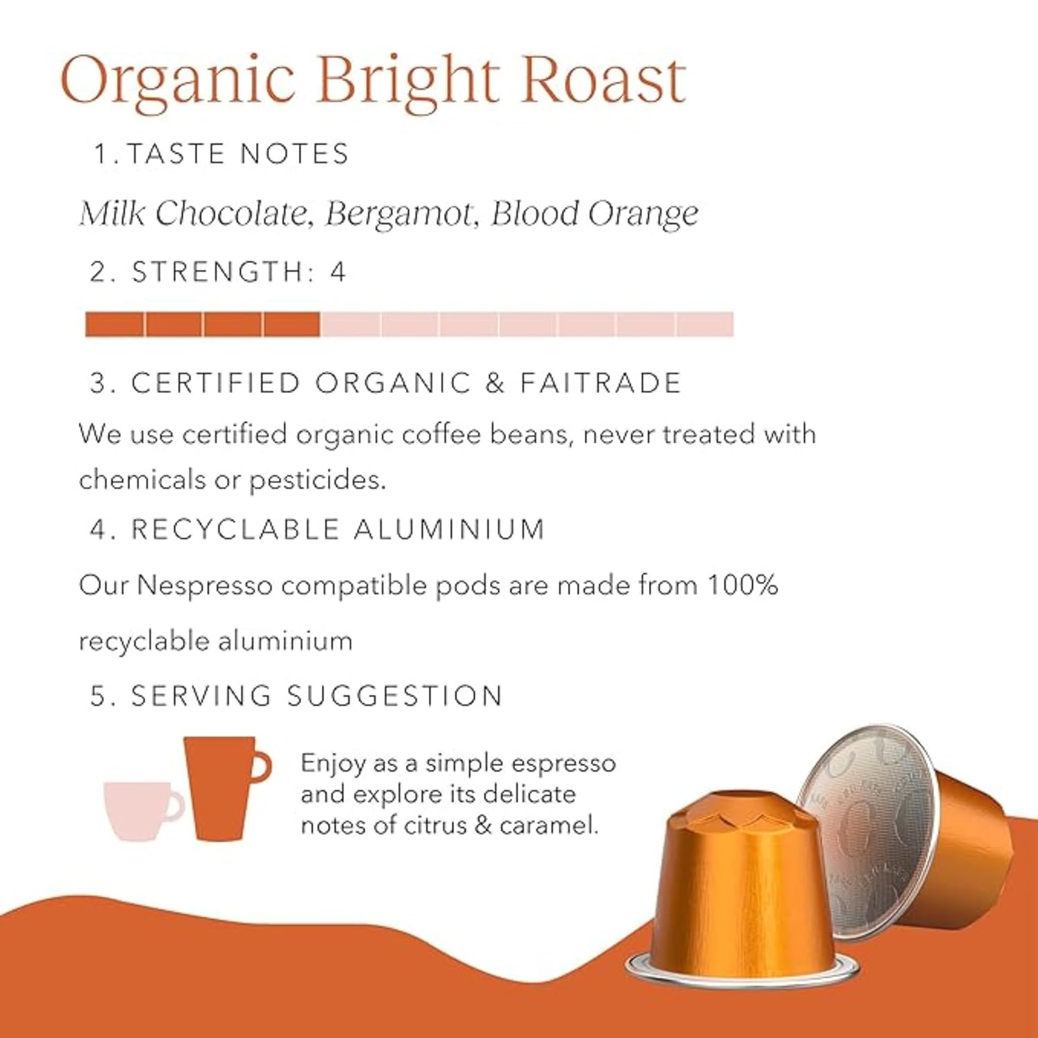 Cru Kafe Bright Roast USDA Organic Espresso Coffee Capsules (50 Pods) Fairtrade Coffee Pods Compatible with Nespresso Original Line and Pixie Machines