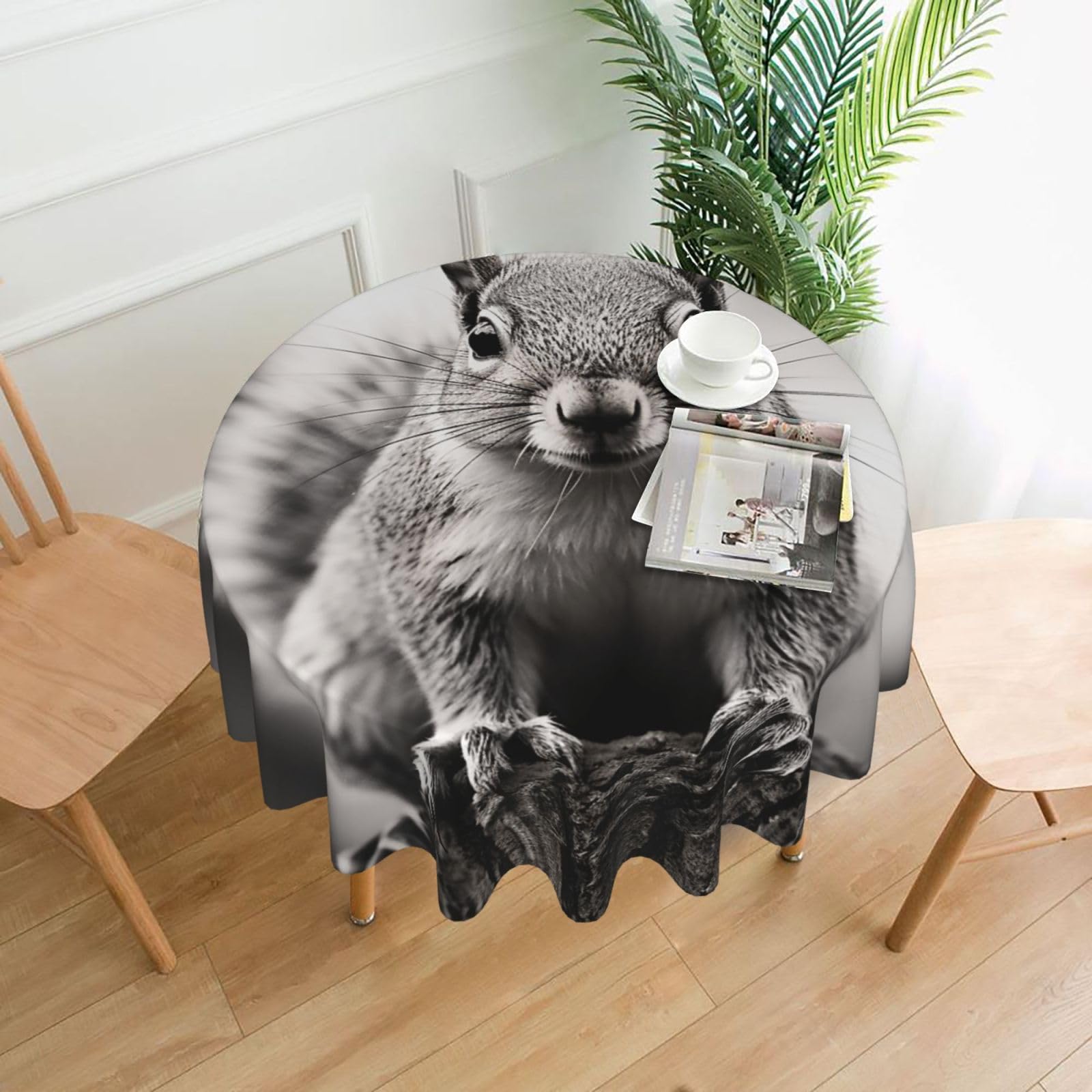 QMKFWT Light Gray Squirrel Printed Round Tablecloth,Dust-Proof Wrinkle Resistant Table Cover Washable Polyester Table Cloth for Kitchen Dining Room Farmhouse Picnic Indoor Outdoor(Round 60 Inch)