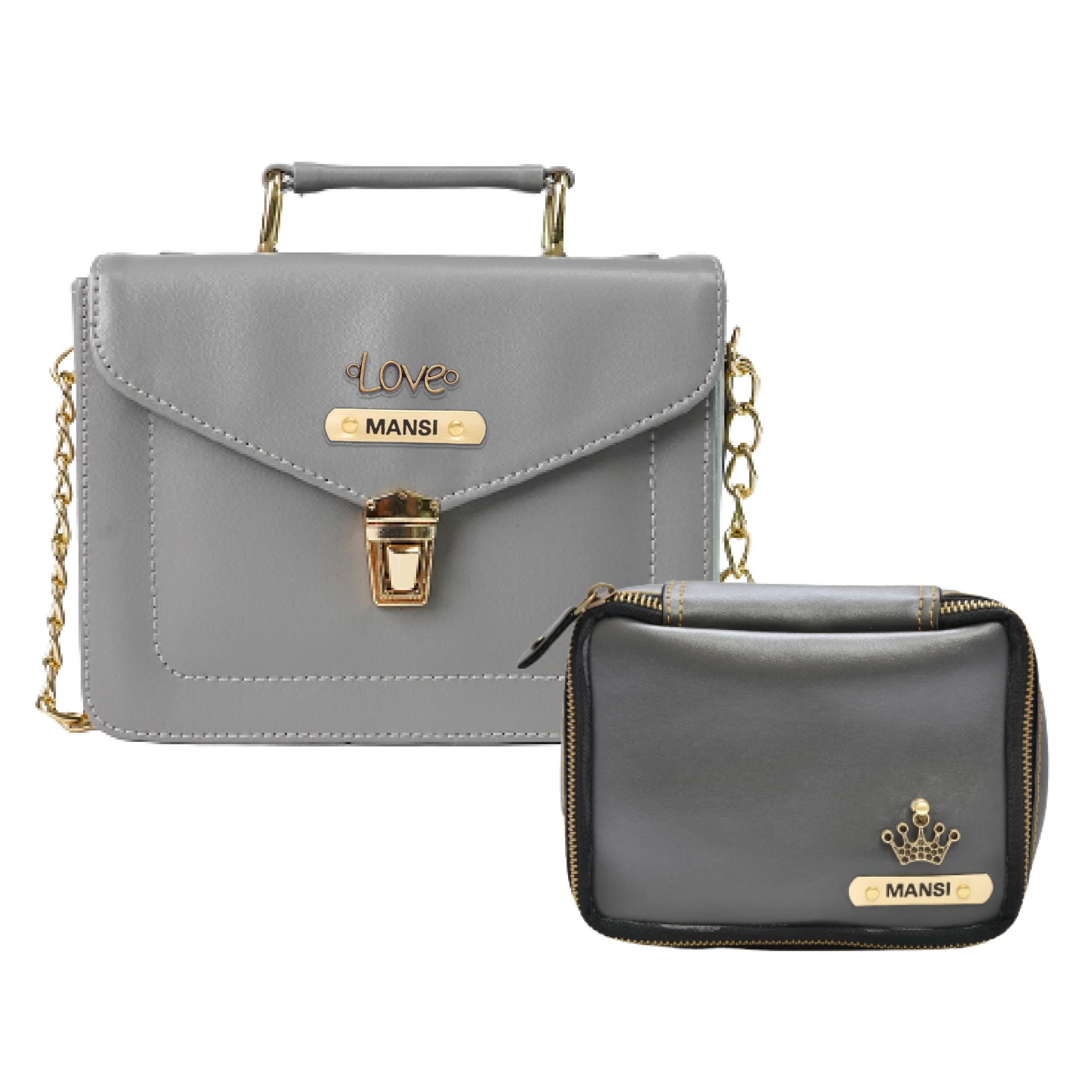 YOUR GIFT STUDIOCustomized Women's Leather Bag (Buttoned) + Mini Make up kit-Grey Grey