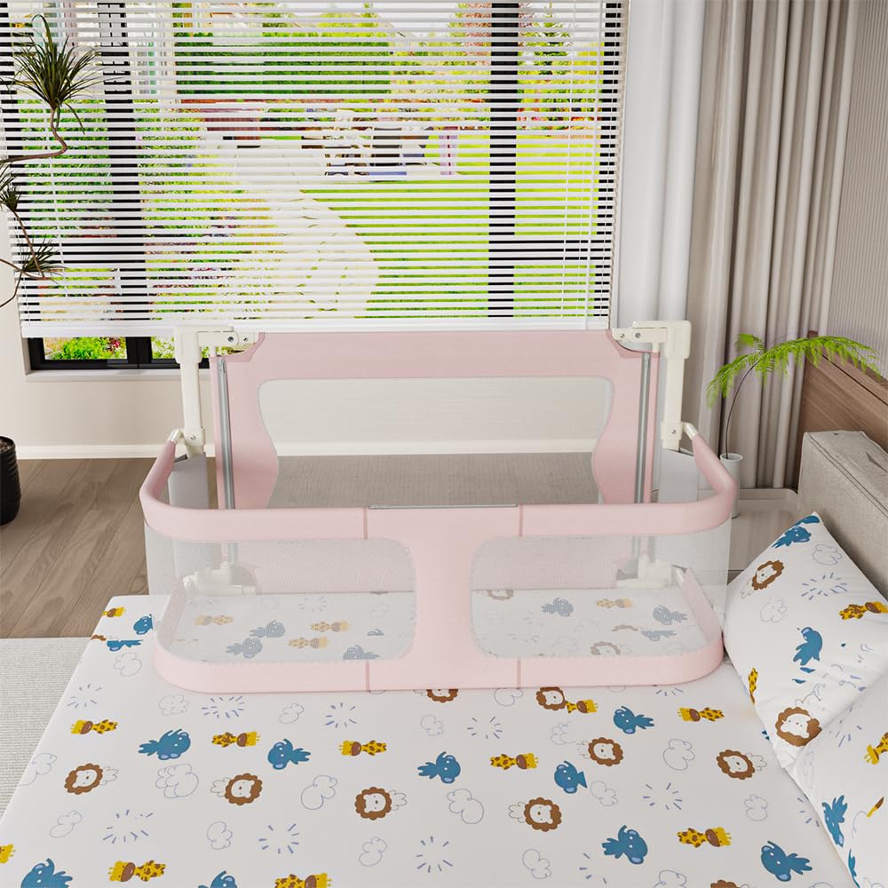 HUOLE Barandilla de Cama Portátil de Seguridad con Bloqueo y cinturón Ajustable-Barrera Cama Bebé Barrera Seguridad bebé Compacta, Malla Transpirable-120 x 50 x 105 cm (Rosa)