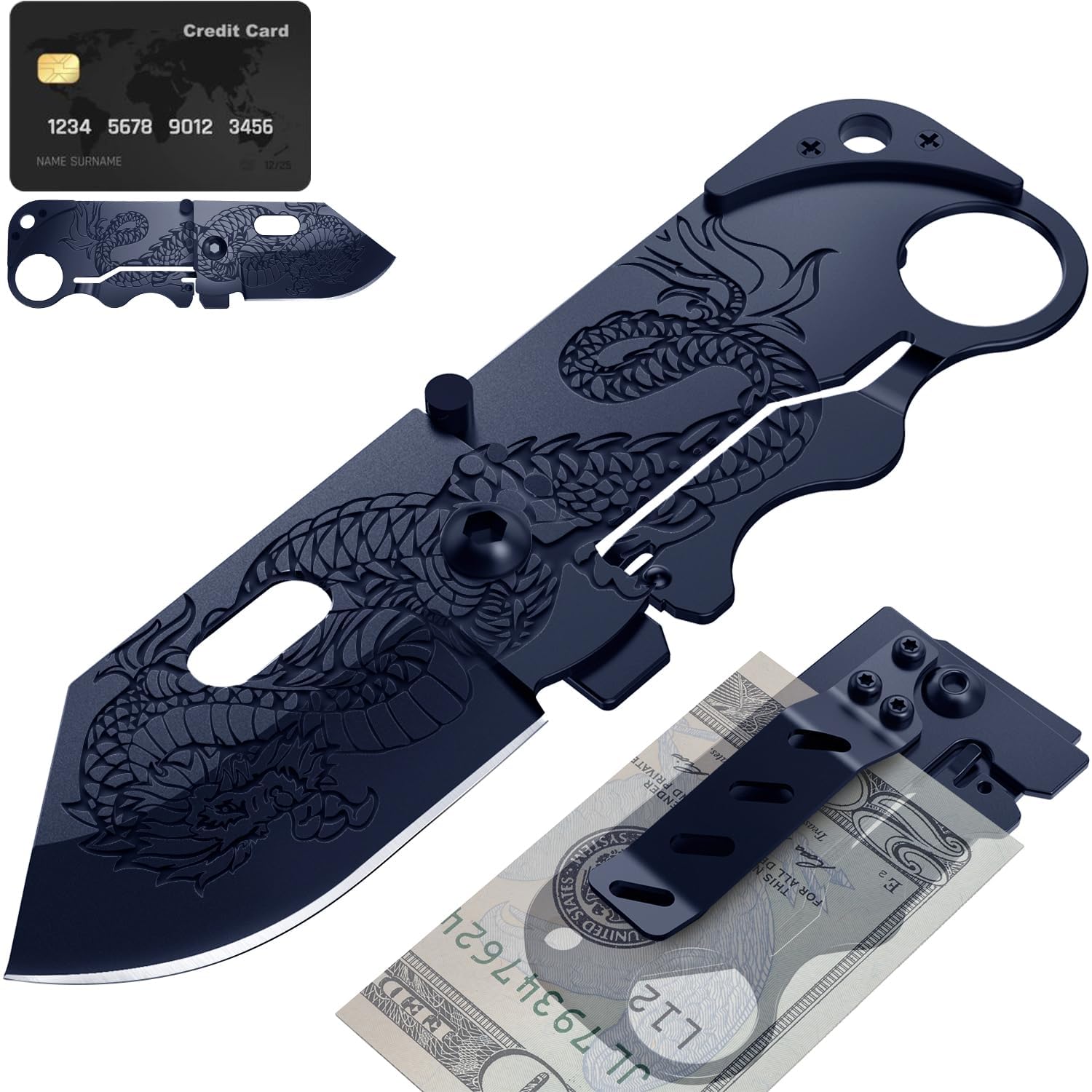Grand Way Pocket Knife - 2.36” Folding Sharp Blade with Money Clip - Unique Small Knife with Engraved Dragon Blade - Credit Card Holder for EDC- Birthday Gifts Ideas for Men & Women 6682