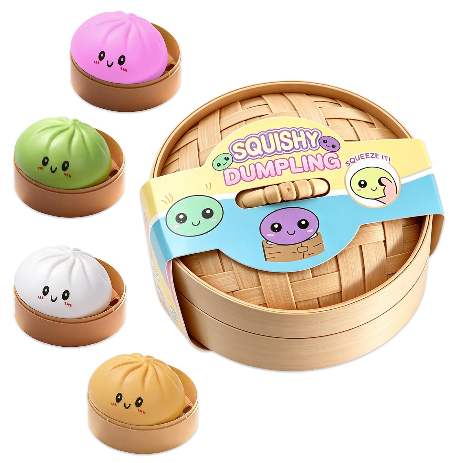 Dumpling Squishy, Colorful Squishy Dumpling Toy with Steamer, Mystery Dumplings Stress Relief Sensory Fidget Toy, Soft Squeeze Decompression Dough Toy for Adult Boys and Girls