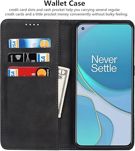 Miniatura 3 de iCoverCase Funda tipo cartera para OnePlus 8T con soporte para tarjeta de crédito, piel sintética magnética de alta calidad, función atril, función