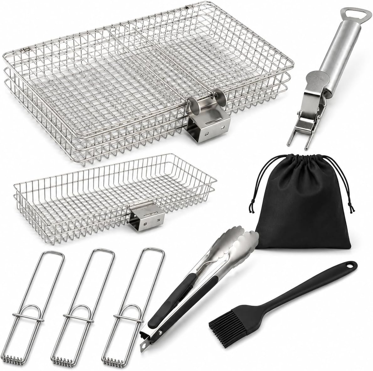 8-Piece BBQ Grill Basket Set - Stainless Steel Vegetable Grilling Basket with Detachable Handle & Lid, Portable Fish Grilling Basket & Meat Roaster, Grilling Gifts for Men Dad