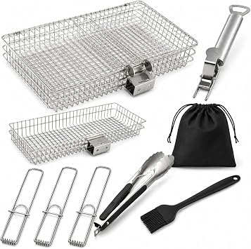 8-Piece BBQ Grill Basket Set - Stainless Steel Vegetable Grilling Basket with Detachable Handle & Lid, Portable Fish Grilling Basket & Meat Roaster, Grilling Gifts for Men Dad