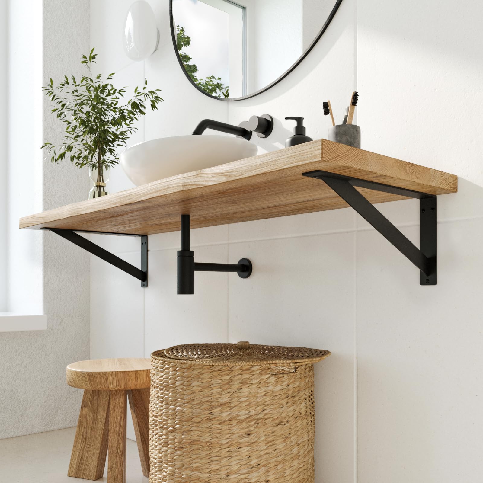 HEVVA 2er-Set Waschtischhalterung - ELBE - Schwerlast (30 cm, Schwarz) | Waschtischbefestigung, Halterung Waschtischplatte, Wandhalterung für Aufsatzwaschbecken, Schwerlast-Regalhalter, Regalwinkel