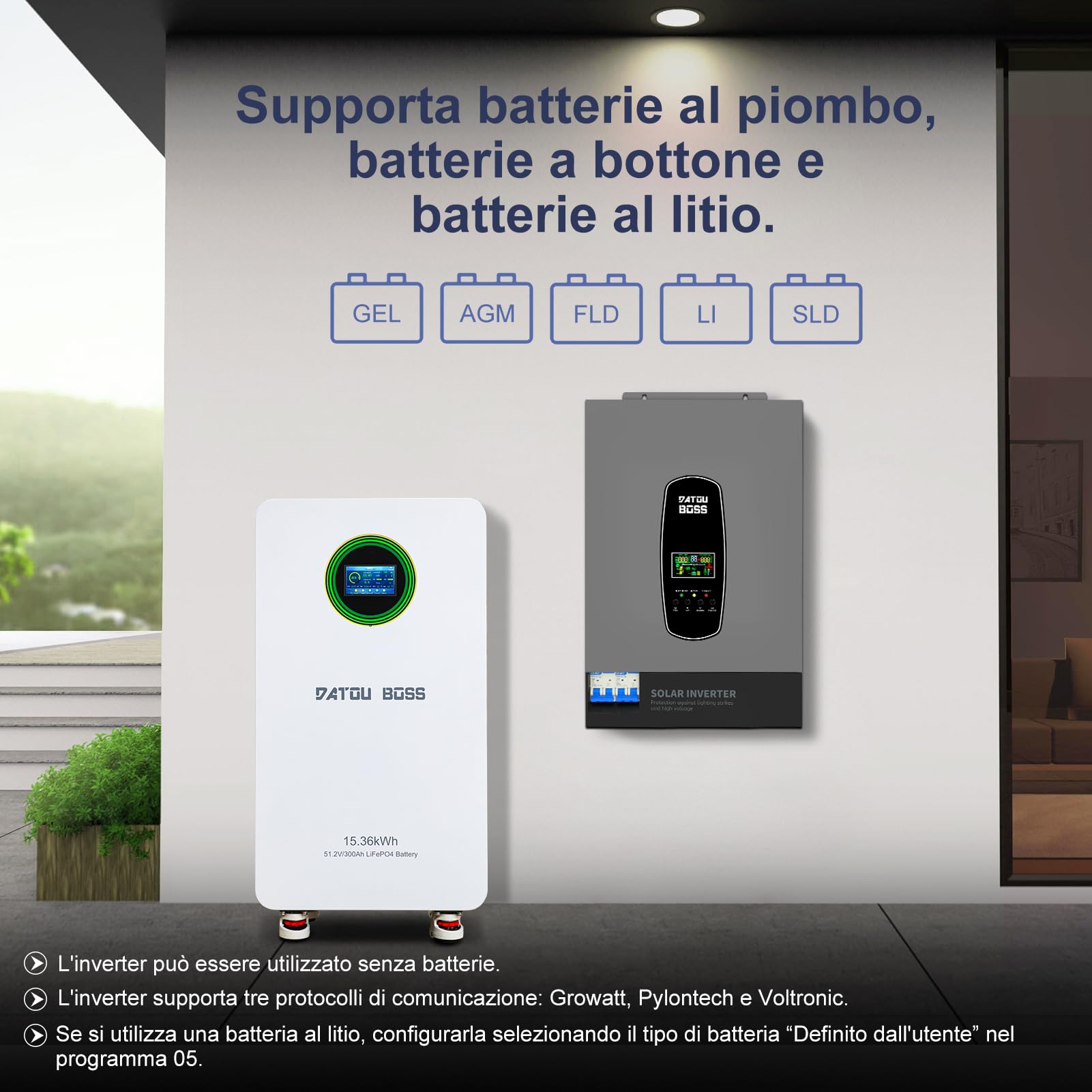 DATOUBOSS 6200W Inverter Ibrido Solare 48V, Onda Pura, Array FV fino a 8500W, Potenza Inverter FV 6500W, Protezione da Fulmini, Avvio Senza Batteria, MPPT Integrato 120A, per Sistemi Off-Grid