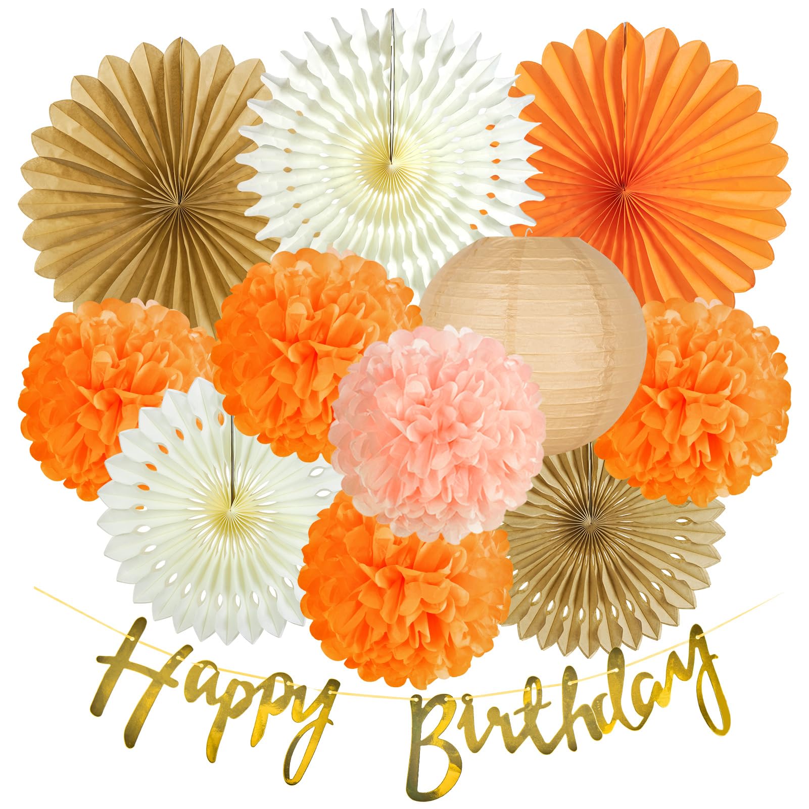 EASY JOY Décoration Anniversaire Orange Et Or - Kit Complet Réutilisable Avec Guirlande Joyeux Anniversaire, Ballons Nid D'Abeille Et Fleurs En Papier Pour Fêtes Élégantes
