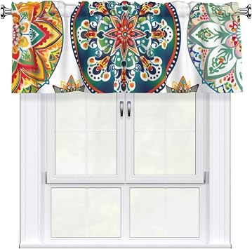 Short Rod Pocket Curtain Valance,Vintage Bohemian Mandala Colorful Pattern Window Treatment Decor Curtains for Kitchen Living Room, Bedroom, 1 Panel, 54" W x 18" L