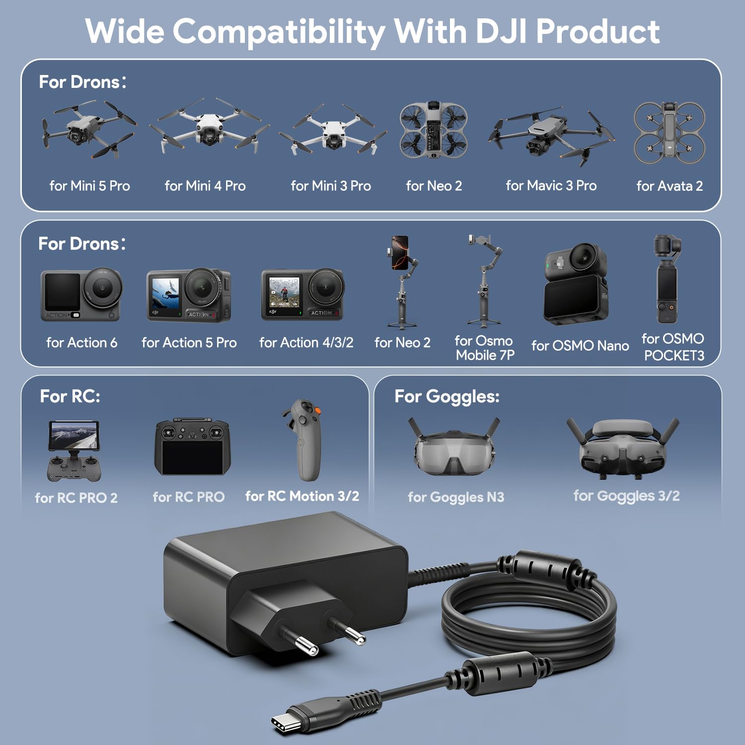 KFD PD 65 W Bloc d'alimentation USB C GaN Chargeur pour DJI Mini 4 Pro/Specta Flip/Avata 2 / Air 3 / Air 3S / Mini 4K / Neo/Mavic 3, Mavic 3 Pro Fly More Combo Drone Portable Charger Accessoire