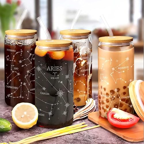 Miniatura 2 de Aries - Tazas de café helado de 20 onzas  Tazas de vidrio con tapas y pajitas  Vaso de vidrio de constelación de astronomía con tapa de bambú y