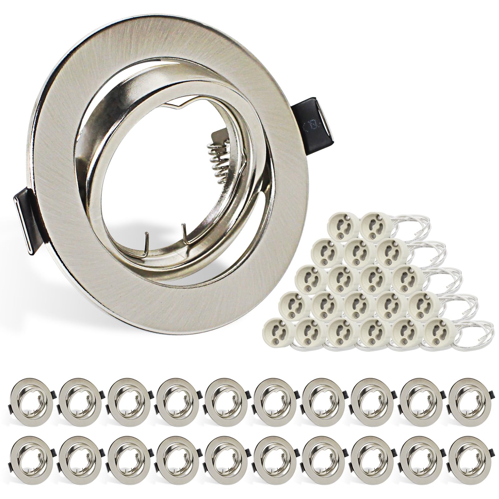 HiBay 20er Set LED Einbaustrahler 230V GU10 Einbaurahmen 68-85mm Rund Gebürstet Edelstahl Deckenspots Schwenkbar 360° Inkl. GU10 Fassung für LED oder Halogen Leuchtmittel