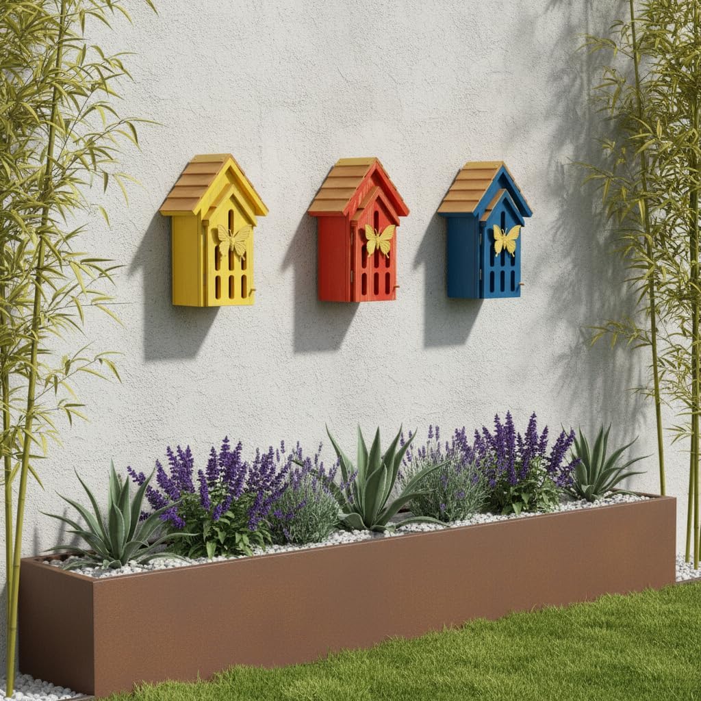 Shingle Roof Butterfly House for Outdoor, Insect House, Vintage Style Cedar Wood Bee House for Garden Outside, Open Door for Easy Cleaning Conservation.Shelter Hotel with Hooks for Hanging (Red)