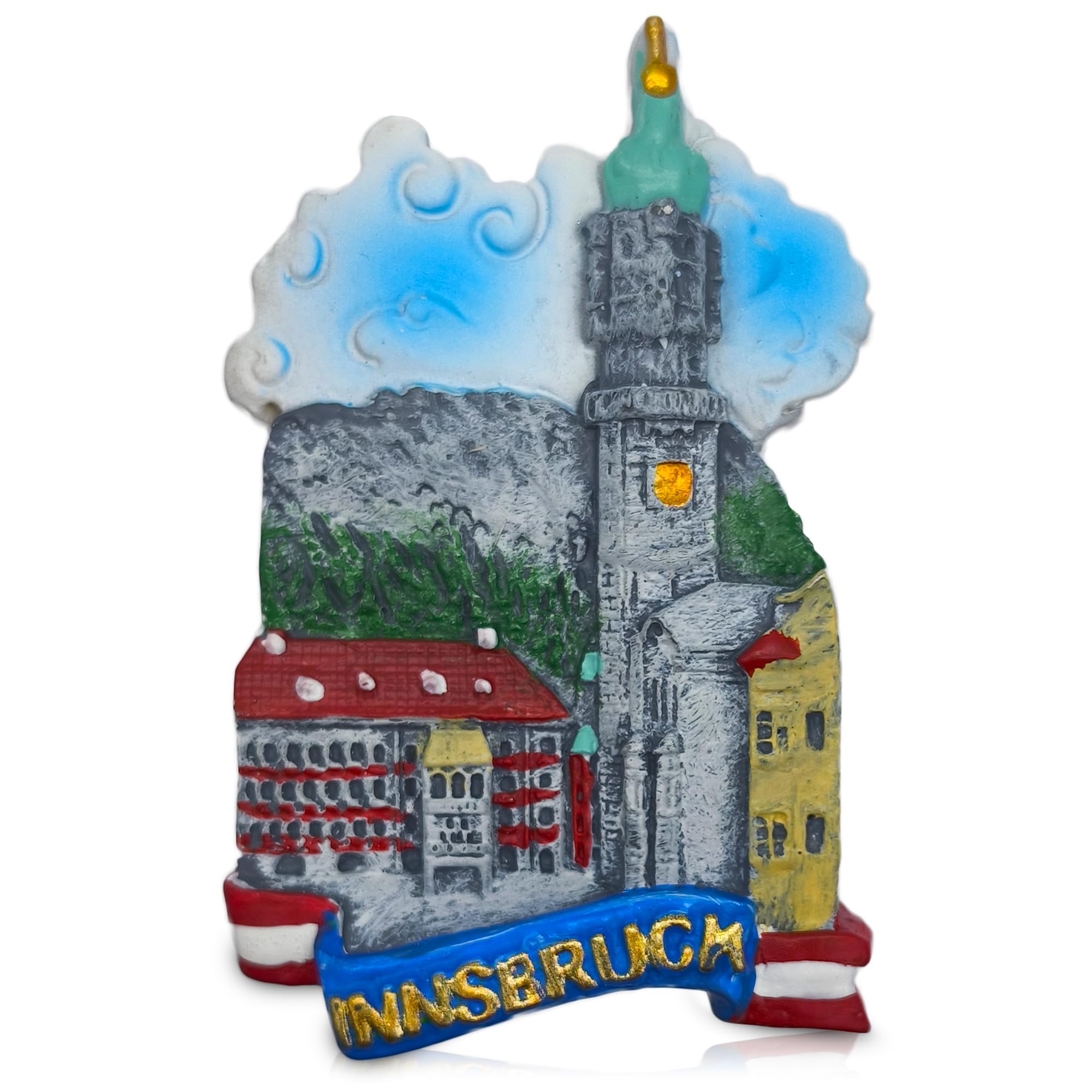 Innsbruck Austria Fridge Magnet – Hand-Painted 3D Resin Souvenir Magnet of the Innsbruck Old Town with Golden Roof, City Tower & Alpine Mountains, 4.4 x 6.0 cm Austrian Travel Gift