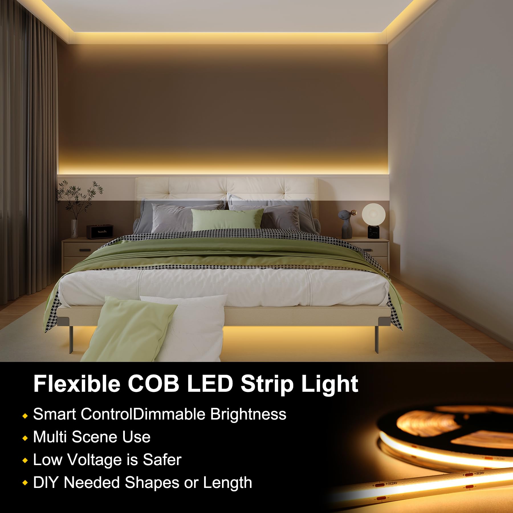FUIQI Striscia LED 10 metri,striscia led cob bianco caldo 2700K,24V Smart app e telecomando Striscia LED dimmerabile,320LED/M,CRI>90, larghezza,adatto per camere da letto,cucine,armadi