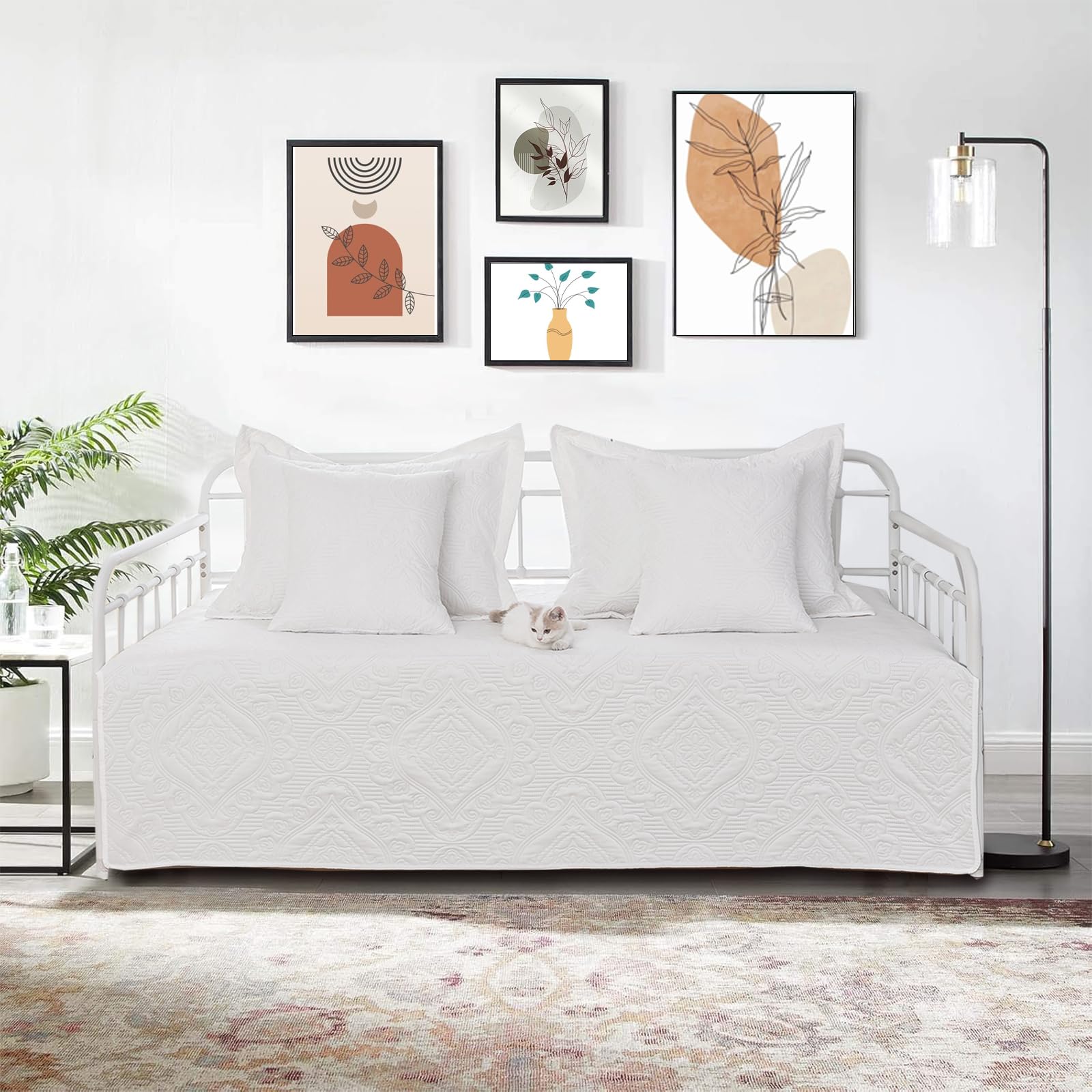 5 Piece Daybed Cover Set Twin Daybed Bedding Sets for All Season Lightweight Daybed Comforter with Matching Shams&amp;Decorative Pillows, Double Sided-Quilting Day Bed Cover,39"x75",White