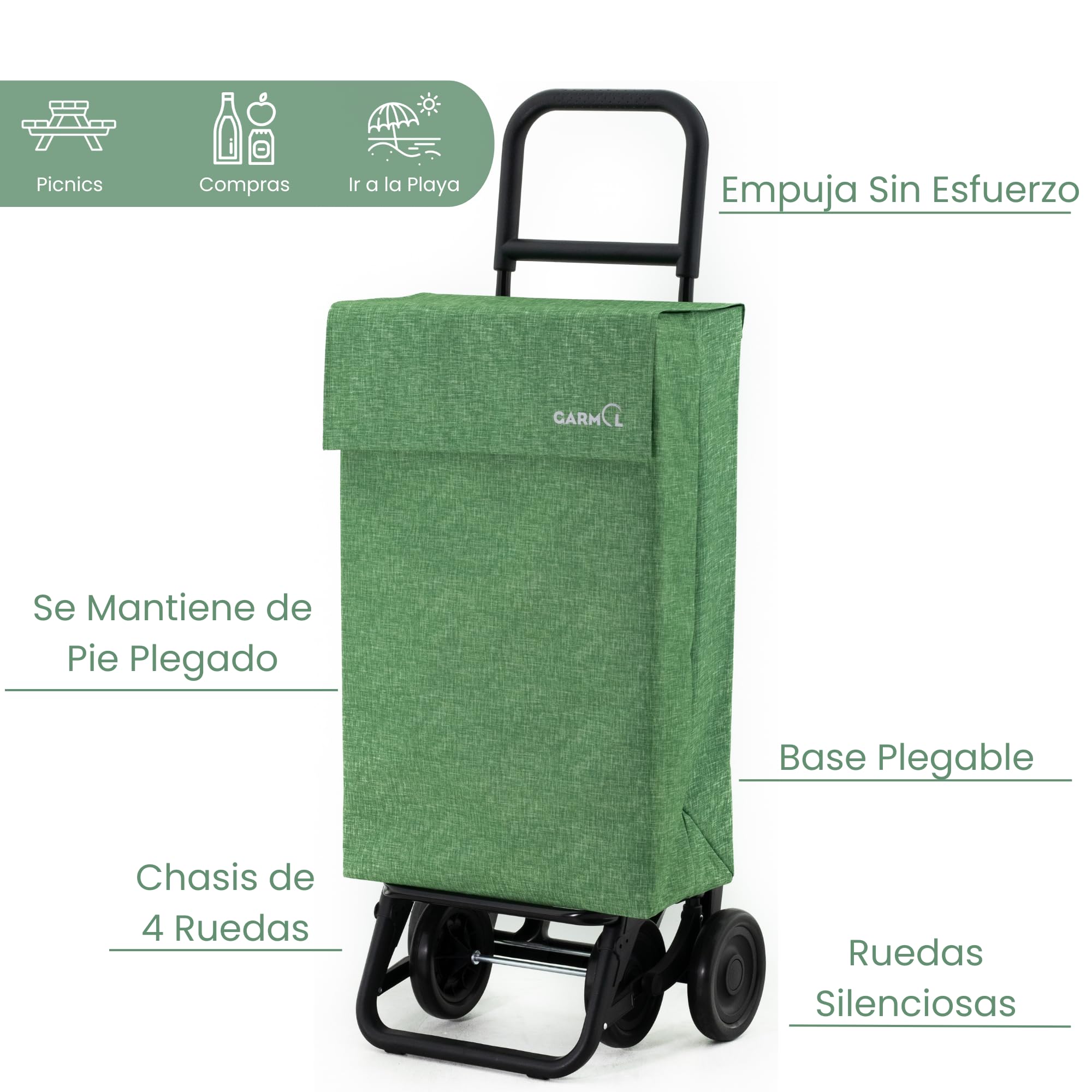 GARMOL Carro de la Compra Plegable 48 litros | Carro de la Compra 4 Ruedas Gran Capacidad | Carrito Compra 4 Ruedas Plegable Color Verde