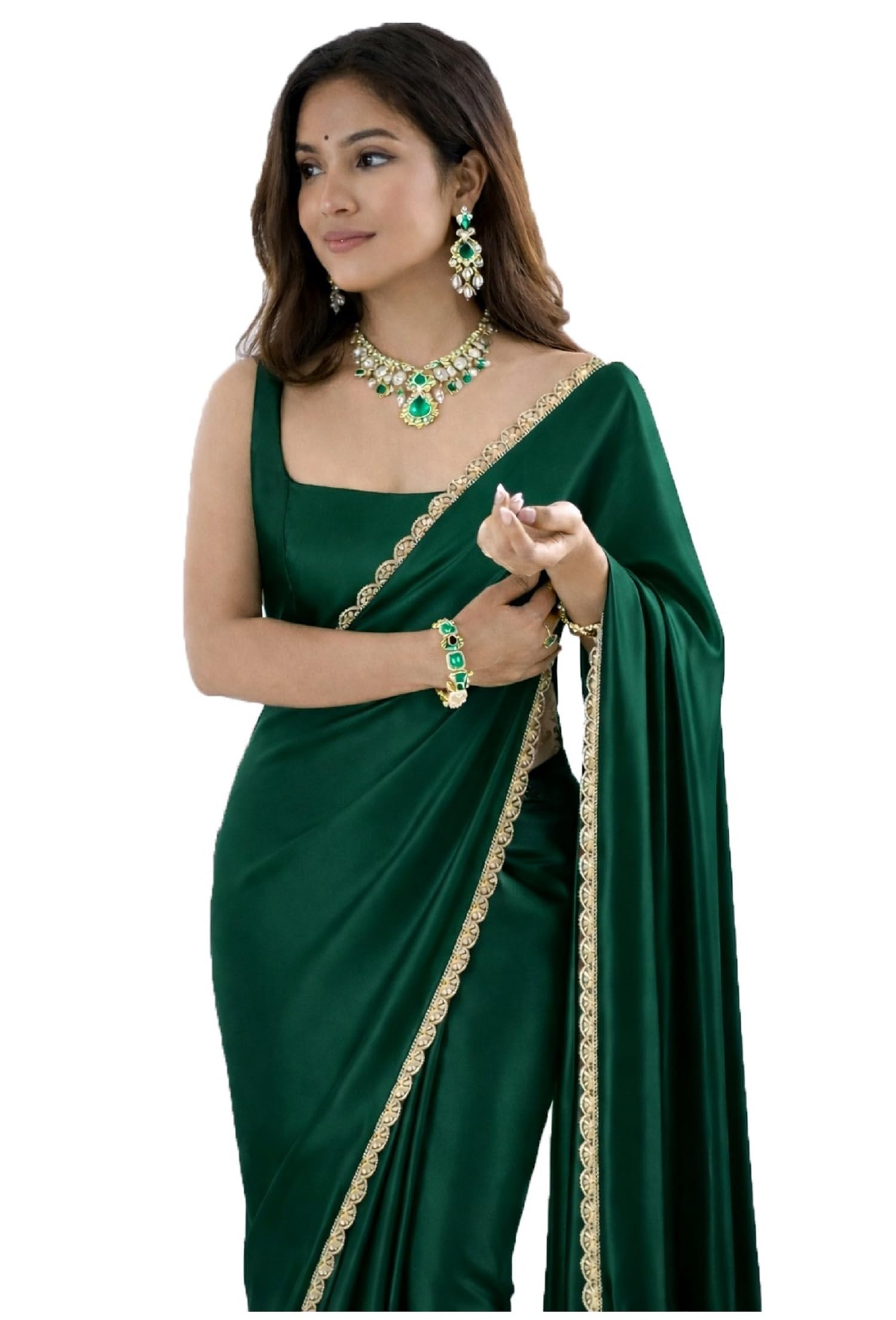 Ready To Wear Readymade Stitched Saree For Women Pre Pleated Satin Silk Lightweight Easy Drape With Unstitched Blouse (Green)-image-46