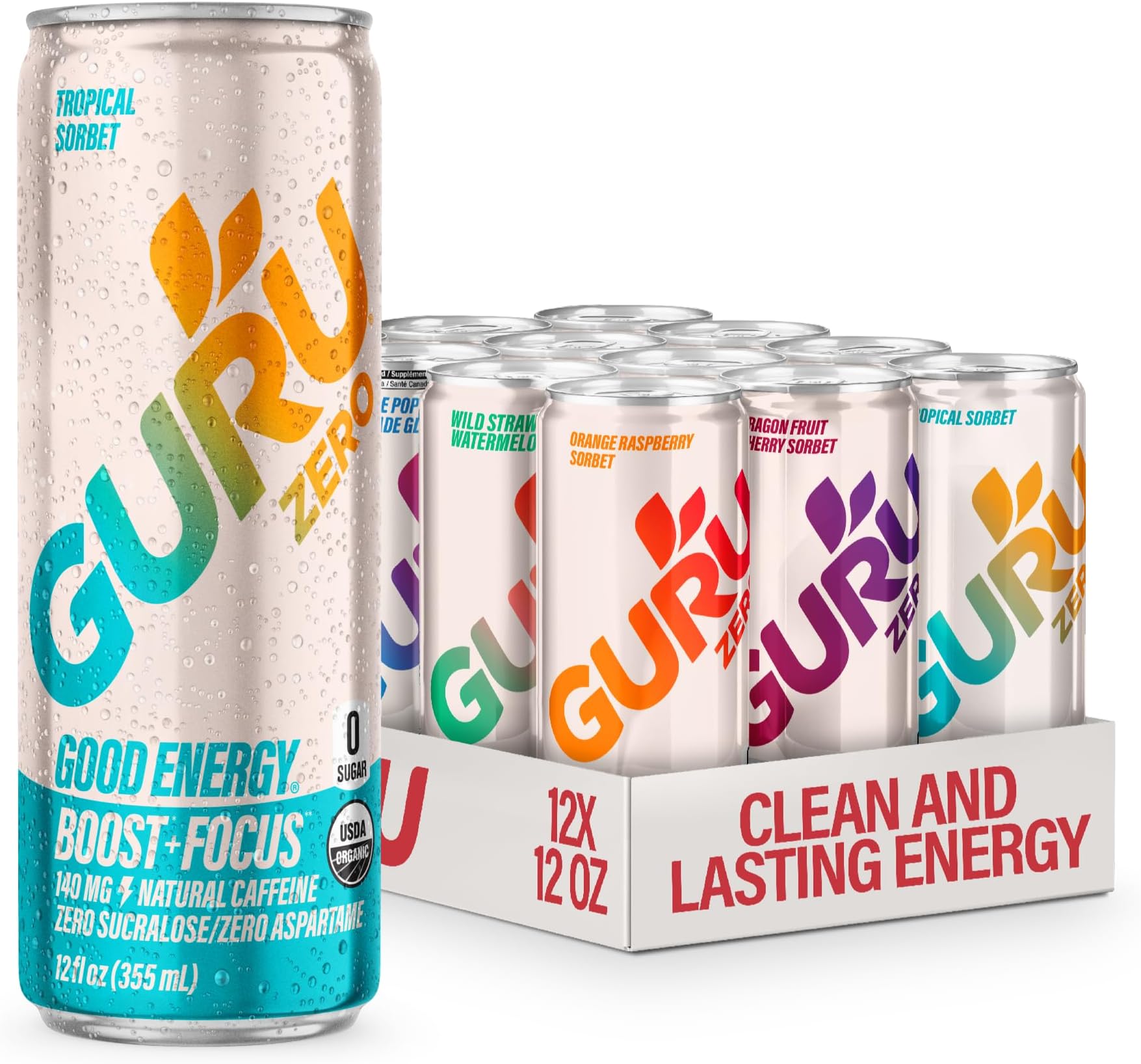 GURU Zero Sugar Organic Energy Drink, Variety Pack, 12 Fl Oz, 12 Pack | 140 MG Natural Caffeine for Workouts, Performance & Midday Boost, With Real Fruit Juice, L-Theanine, Plant Based, Gluten Free