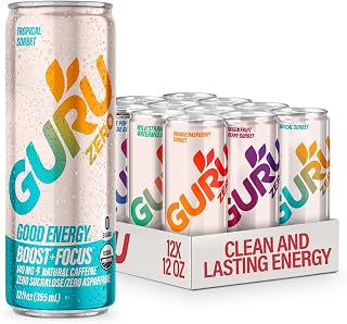 GURU Zero Sugar Organic Energy Drink, Variety Pack, 12 Fl Oz, 12 Pack | 140 MG Natural Caffeine for Workouts, Performance & Midday Boost, With Real Fruit Juice, L-Theanine, Plant Based, Gluten Free