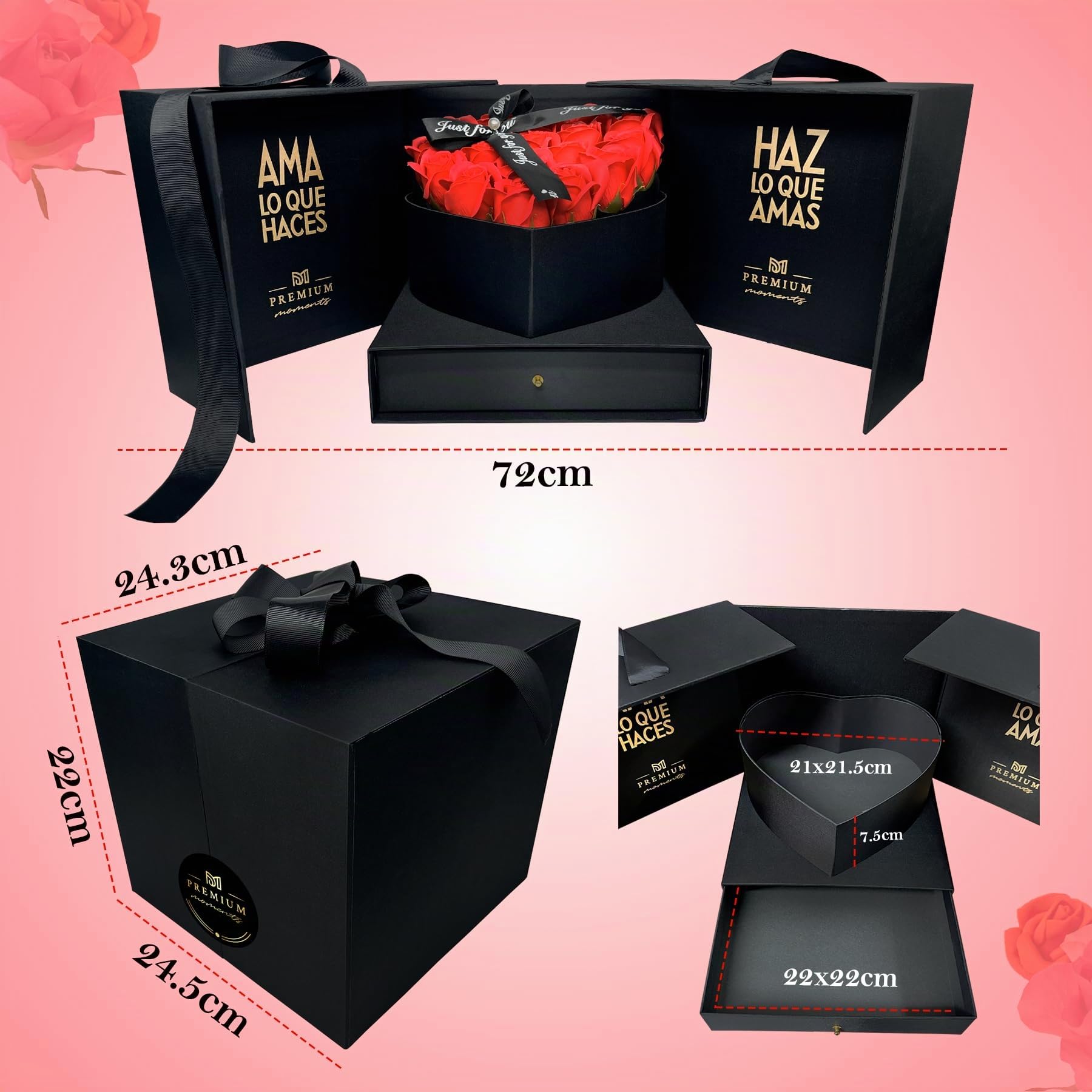 Coffret Écrin Premium de Saint-Valentin · Cadeau Deluxe avec 18 Roses Parfumées et plus de 36 Chocolats Ferrero Rocher, Lindt Lindor, Caja Roja, Cœurs en Chocolat, Kinder Bueno et plus · Écrin Réutili