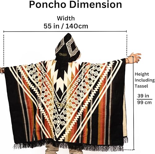Miniatura 2 de Poncho de lana ALPACA con capucha y estampado azteca, único y hecho a mano en Ecuador. Poncho de lana grueso, cálido y suave