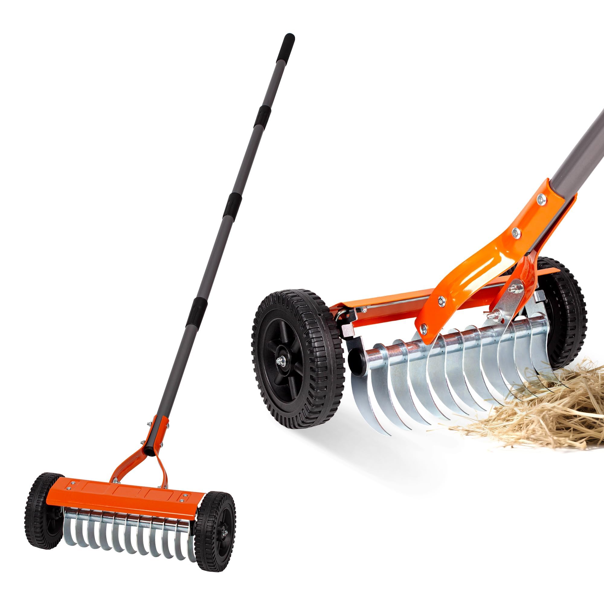 Walensee Rastrillo de rodillo con mango ajustable de 76.8 pulgadas, cuchillas de acero inoxidable de 2 mm, removedor de paja de césped resistente para musgo, recortes de césped, hojas y escombros