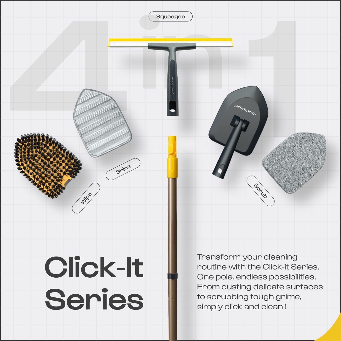 MinuteToCleanIt 4-in-1 Cleaning Set | Long Handle Wiper Squzee, Bristles, Microfiber & Scrubber for Tiles, Bathroom, Windows – 58.2” Extendable Pole, Detachable Heads, Yellow