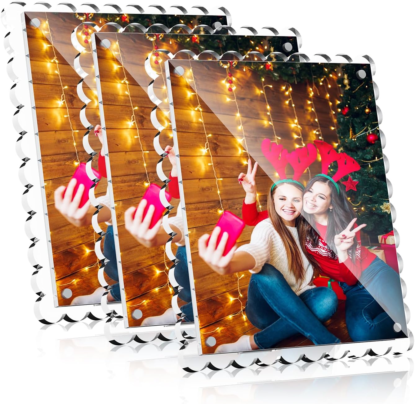 HELPLEX 8x10 Clear Acrylic Picture Frames with Scalloped Edges, 3-Pack Magnetic Frame with Stand for Horizontal or Vertical Display, Tabletop or Desk Photo Holder