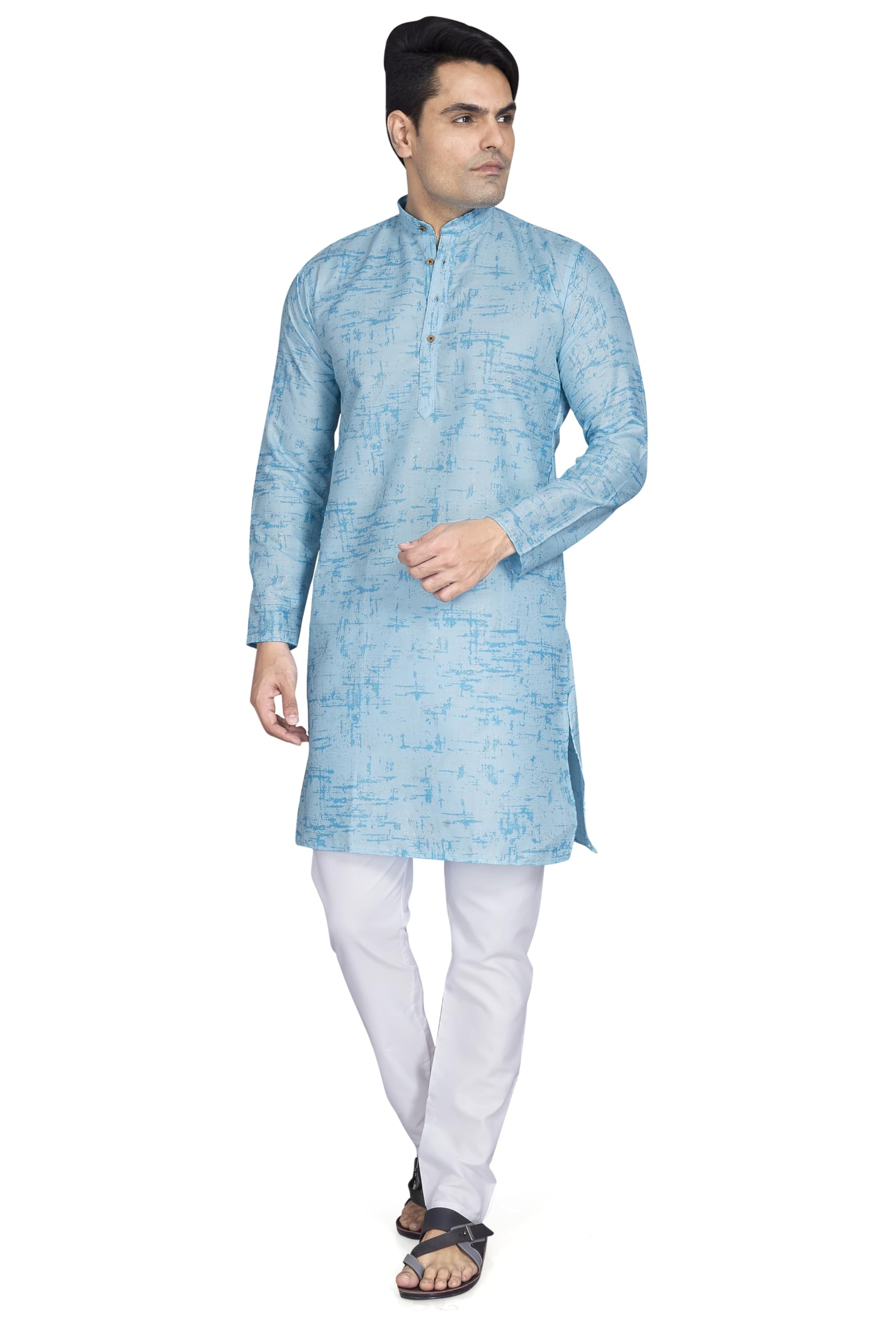 Divisive Men's Printed Cotton Blend Linen Slim Fit Kurta Pyjama Set (Dkrt872_S_Blue)