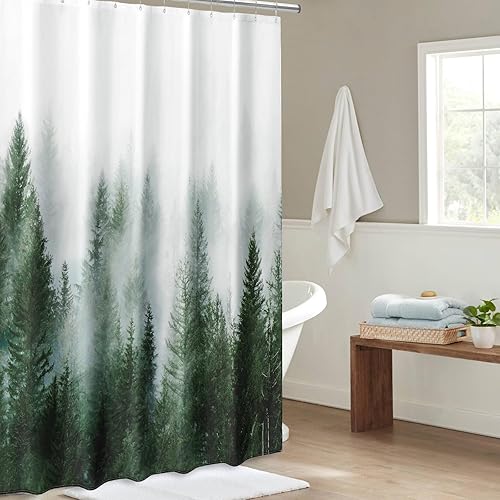 Miniatura 7 de ORTIGIA Cortina de ducha verde para baño, diseño de bosque brumoso, juego de cortina de ducha artística de bosque natural con ganchos de metal,