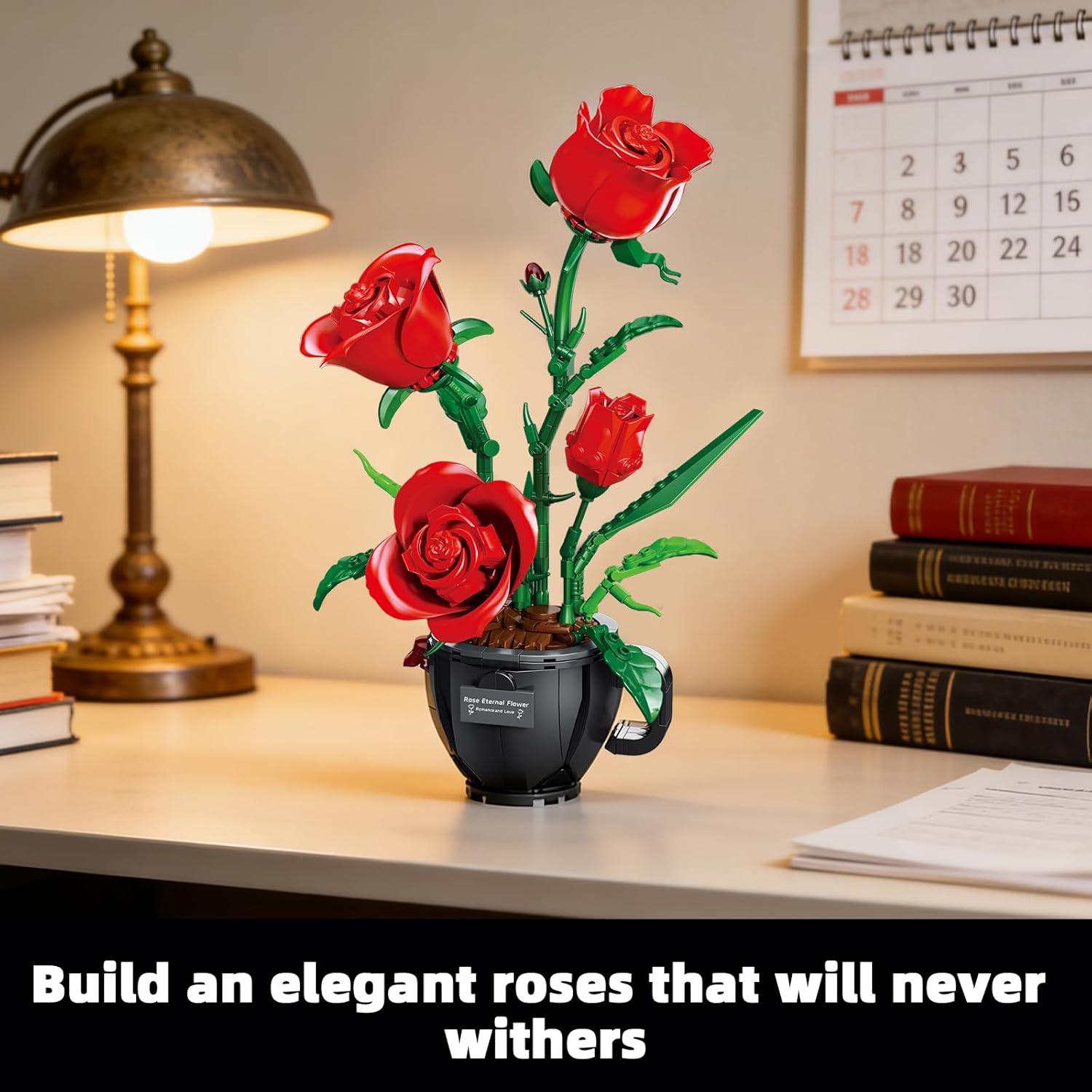 Red Roses Building Blocks Set with Vase for Adults Ages 14+, Flowers Bouquet Kit Compatible with Lego Botanicals, Home Desk Decoration for Birthday Gift(450 Pcs)