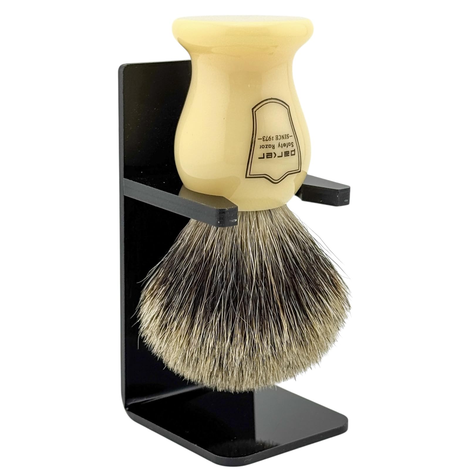 Parker 3-Band Pure Badger Bristle Shaving Brush – Faux Ivory Handle, Classic Wet Shave Brush for Lathering Shaving Soaps & Creams with Bladed Razors