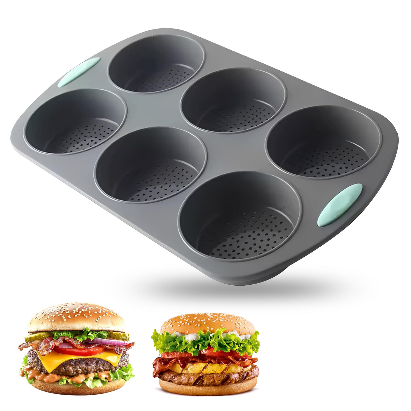 MXGHIR Silicone Burger Bun Mould, 6 Cavity Baking Molds with Holes Non-Stick & Quick-Release for Hamburger Cake Pie Custard Tart (38.5x23.7x3.8cm)