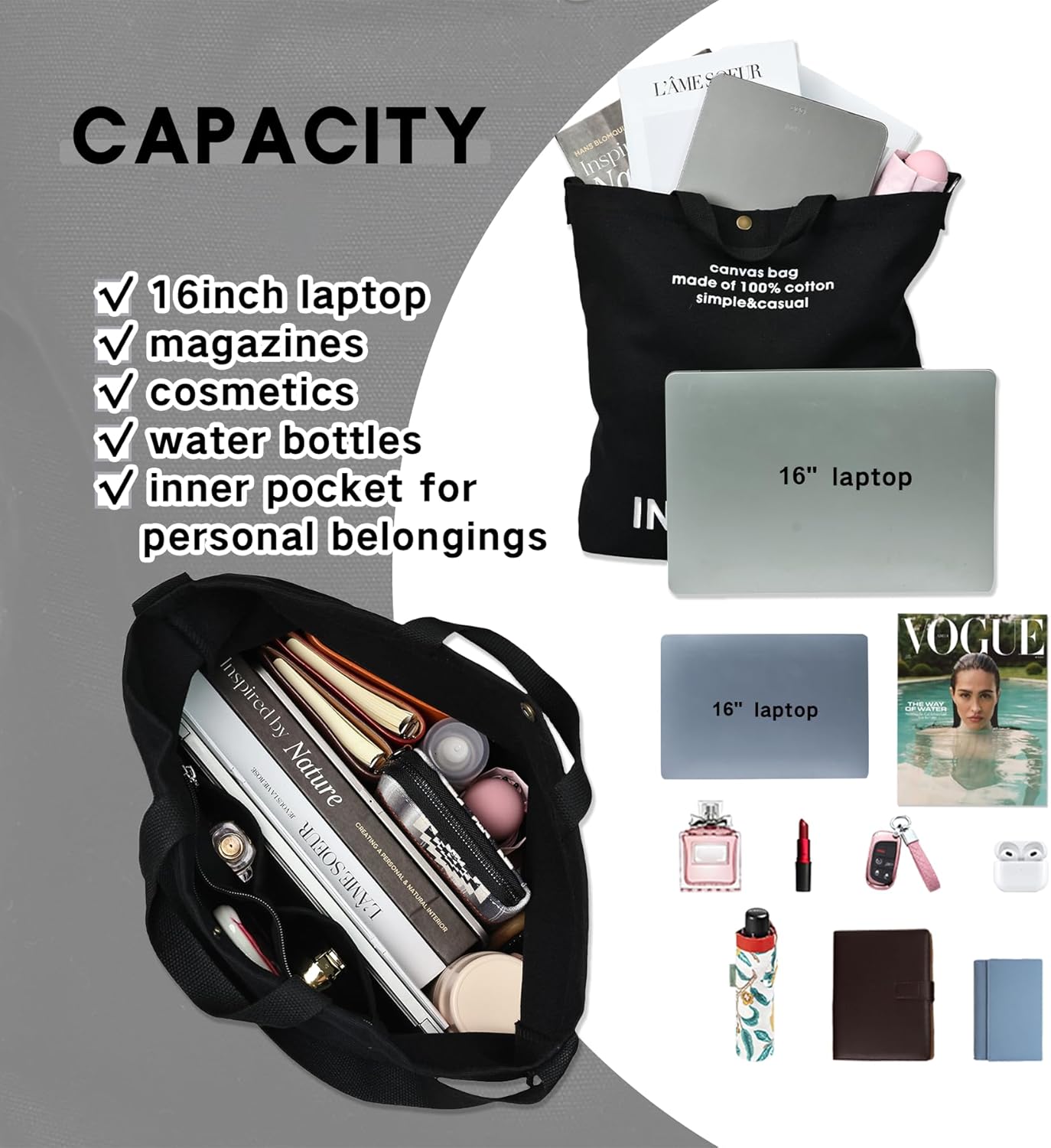 Large Canvas Tote Bag for Women inside out Bag Crossbody Shoulder Bag with Adjustable Strap for Work Travel Shopping - Image 5