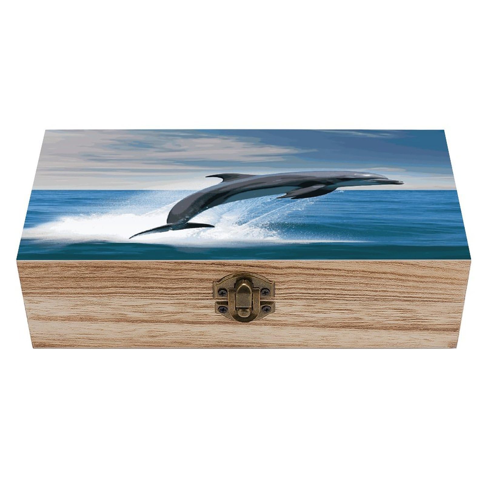 FekiLoot Jumping Up Dolphins Wooden Box with Hinged Lid Vintage Storage Box Beautifully Keepsake Boxes Jewellery Organiser & Trinket Holder Unique Gift Ideas for Men & Women