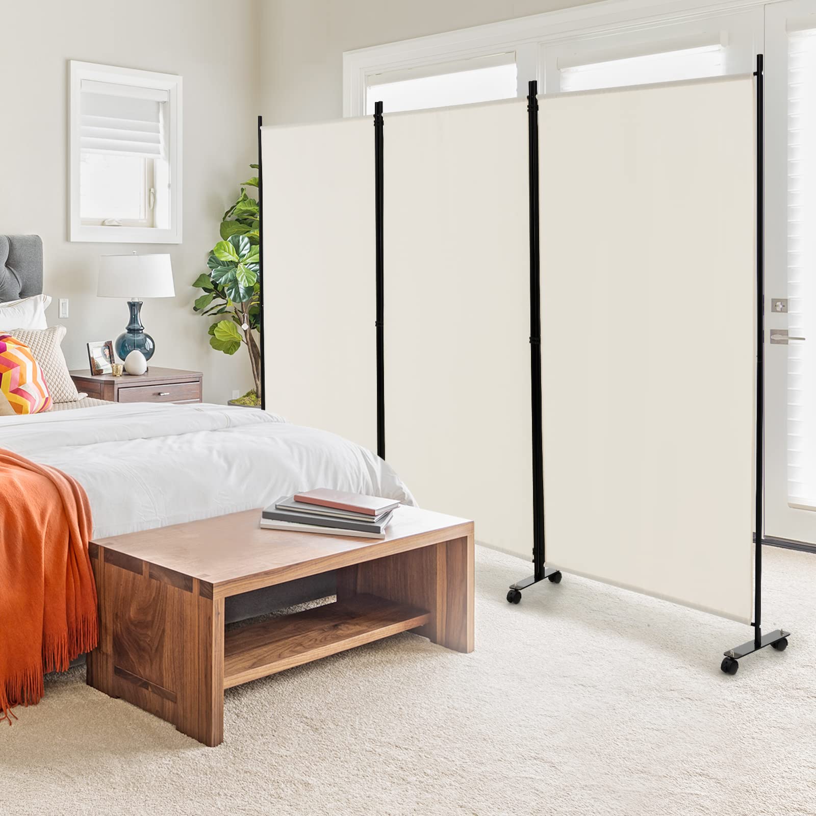 GIANTEX Biombo Plegable con Ruedas, Separador de Privacidad 3 Paneles, 262 x 180 cm, Divisor de Habitación Independiente con Patas Anchas, Pantalla de Tela para Protección Privada (Beige)