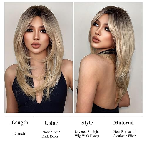 Miniatura 2 de Pelucas rubias para mujer, pelucas largas y rectas con flequillo de cortina y raíces oscuras, pelucas Barbie resistentes al calor, pelucas