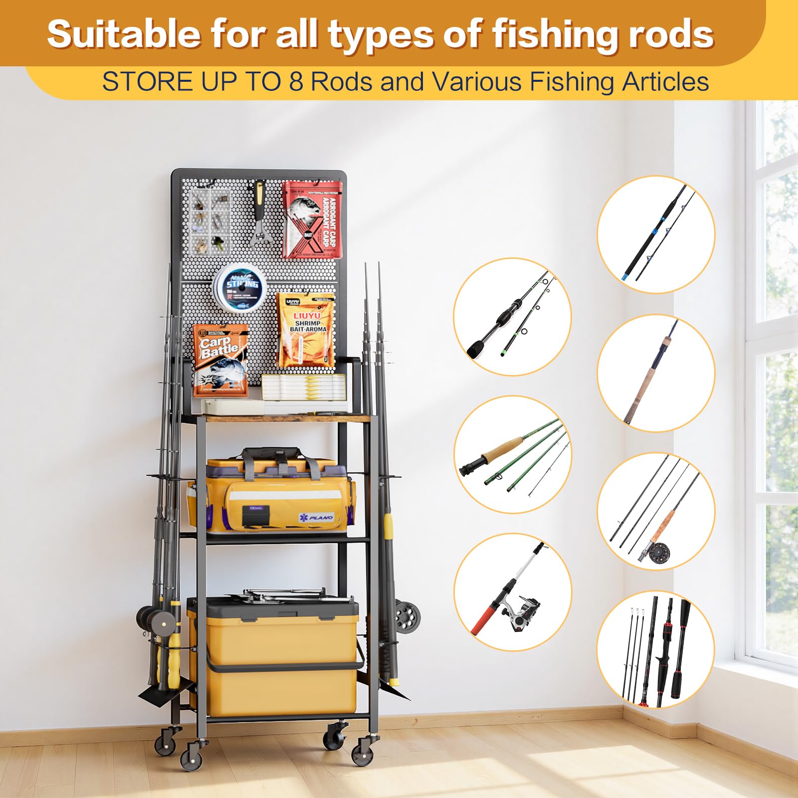 Bikoney Support Canne à Pêche pour Garage avec Panneau Perforé, Chariot de Rangement pour 8 Cannes et Moulinets, Organisateur de Matériel de Pêche sur Roulettes, Robuste et Gain de Place, Cadeau Homme