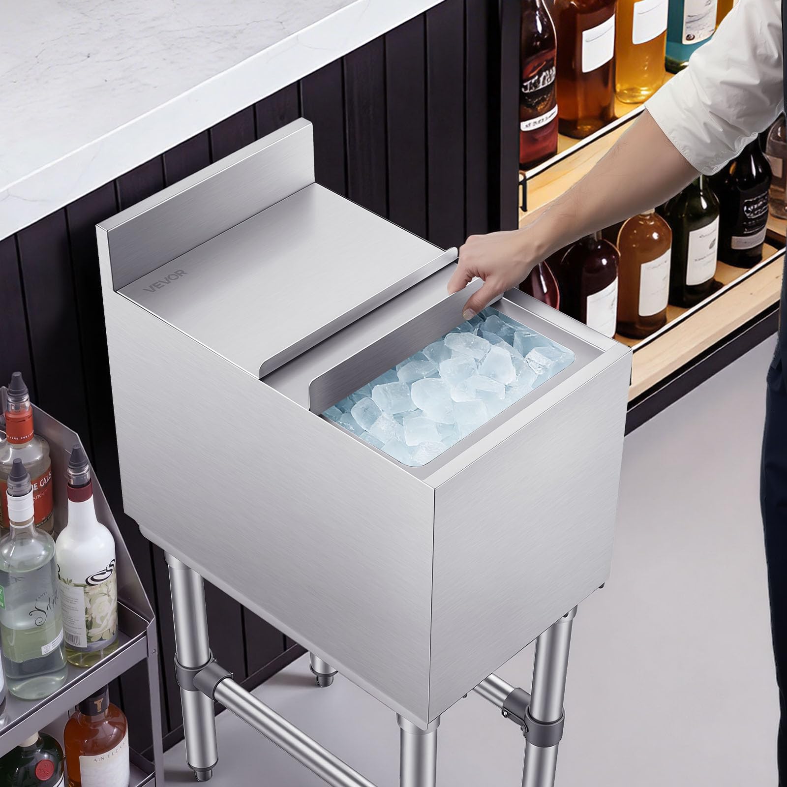 VEVOR Bac à glace commercial de 48,3 cm en acier inoxydable avec couvercle coulissant et porte-bouteille, chariot à cocktails pour bar, restaurant, pub, certifié NSF