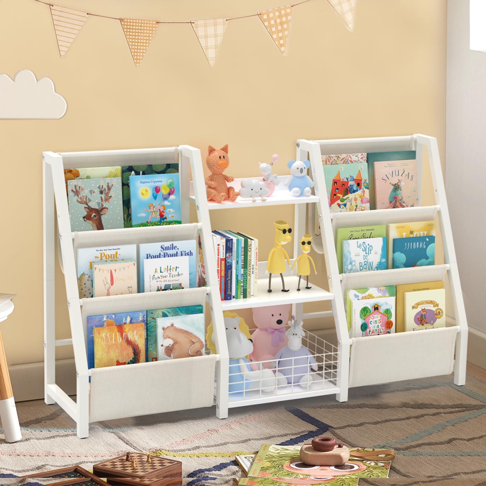 BORISI Libreria Montessori per Bambini, Scaffale per Giocattoli con 6 Scomparti, Porta Libri Bambini, Organizer per Cameretta e Sala Giochi, 124x30x75 cm, Bianco