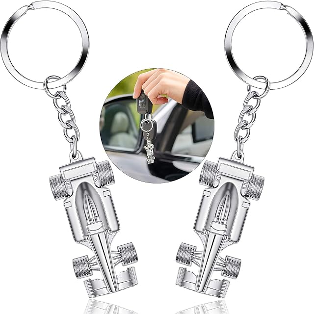 2 Pieces Silver Racing Car Keyring Car Model Keychain Racing Pendant Keyring Key Chain Gift for Boy or Men