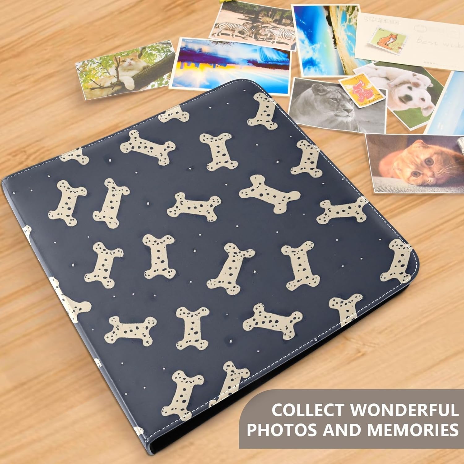 JIPONI Dogs Bones Large Photo Album, DIY Leather Cover Scrapbook Albums for 4x6 5x7 6x8 Pictures, Self Adhesive Memory Book for Wedding, Baby, Family