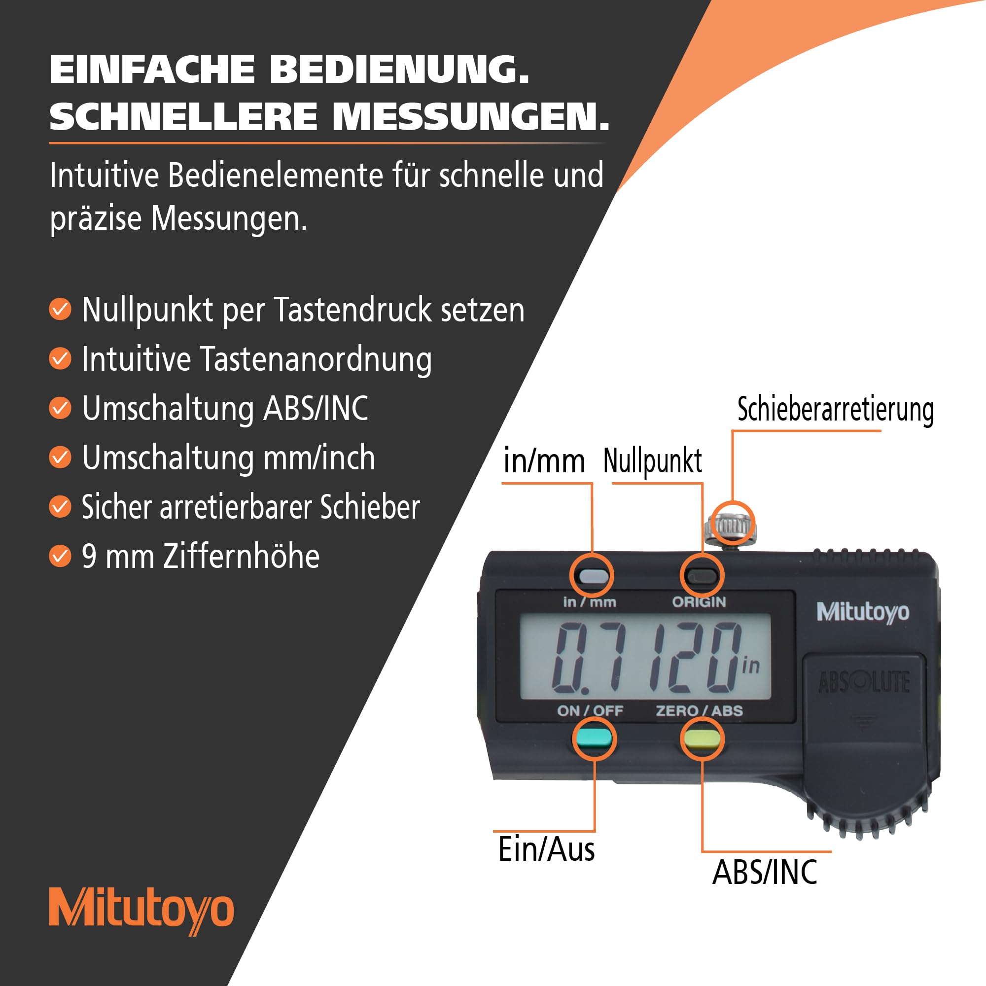 Mitutoyo 500-197-30 Digitaler ABS-AOS-Messschieber Thumb R. ohne Ausgang | 0,01 mm / .0005 in, Nullpunkt gespeichert, Antriebsrolle